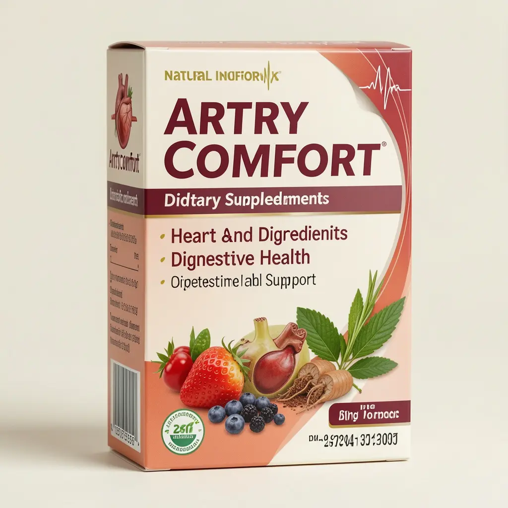 ArteryComfort dietary supplement package with natural ingredients for heart and digestive health support